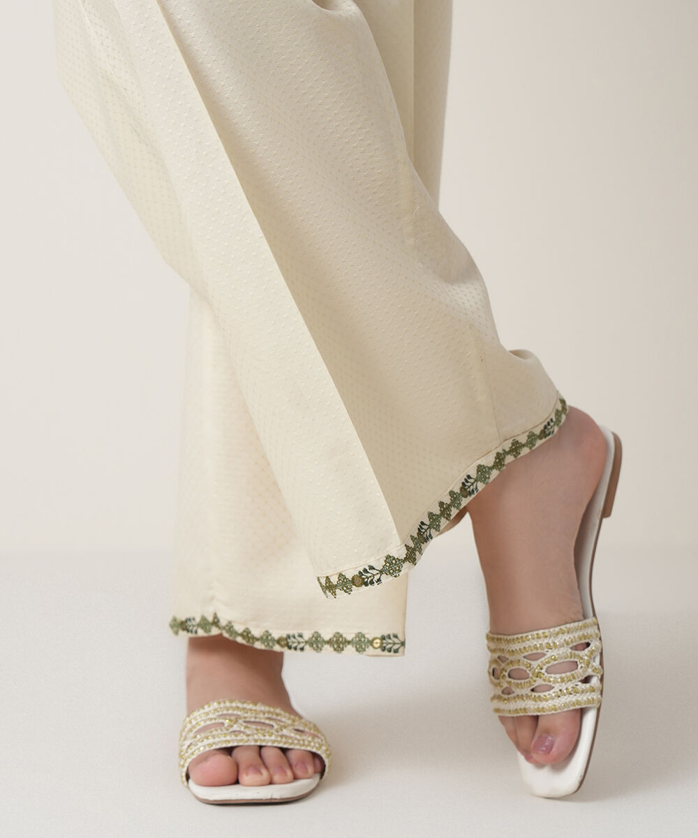 Women's RTW Textured Cotton Off White Embroidered Trousers