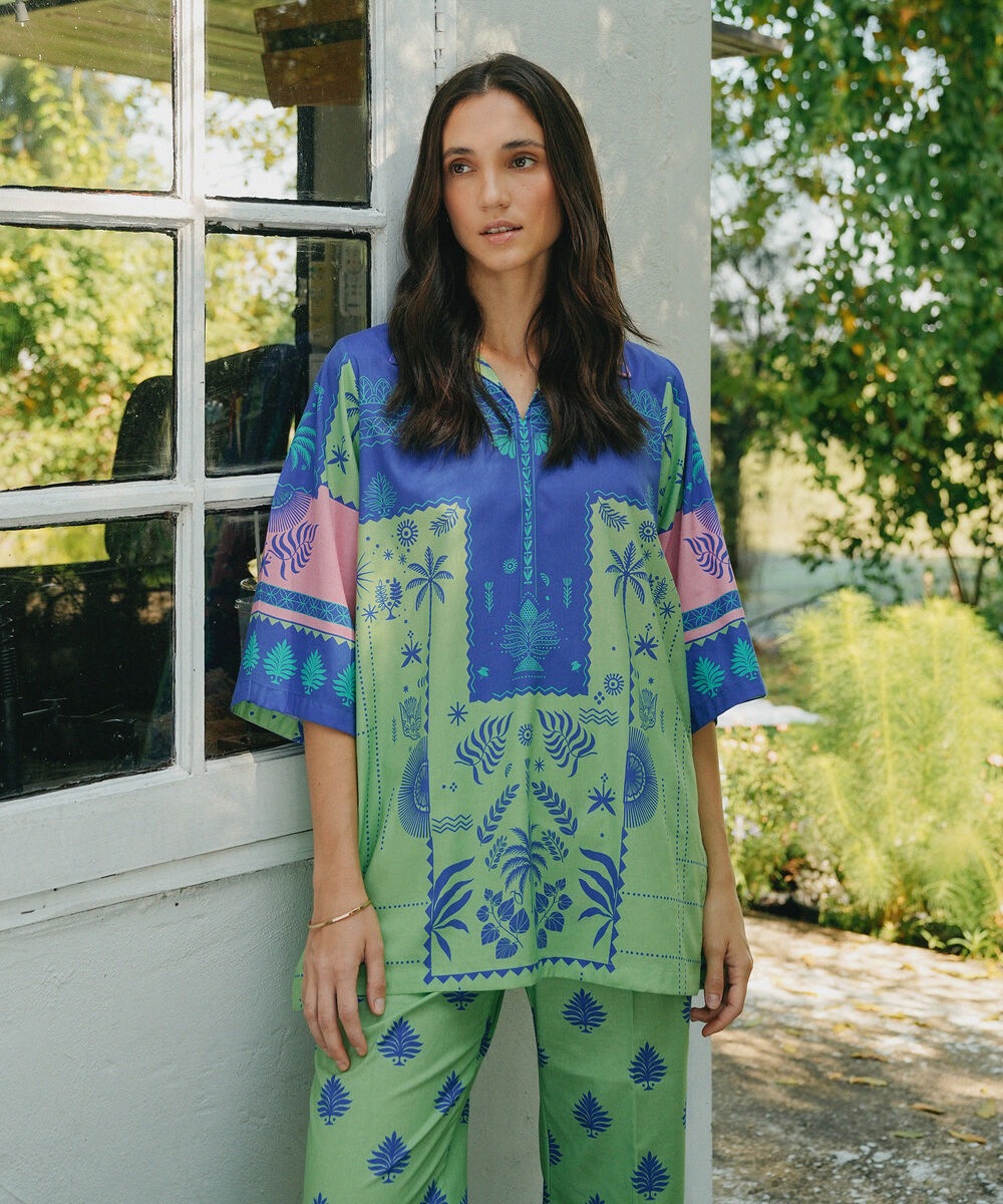 Women's RTW Cotton Viscose Printed Green Straight Shirt