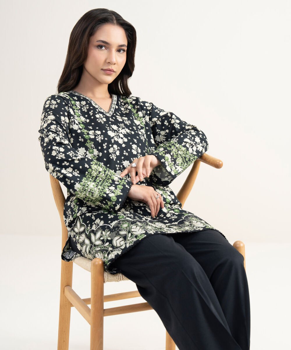 Women's RTW Cotton Viscose Embroidered Black Straight Shirt