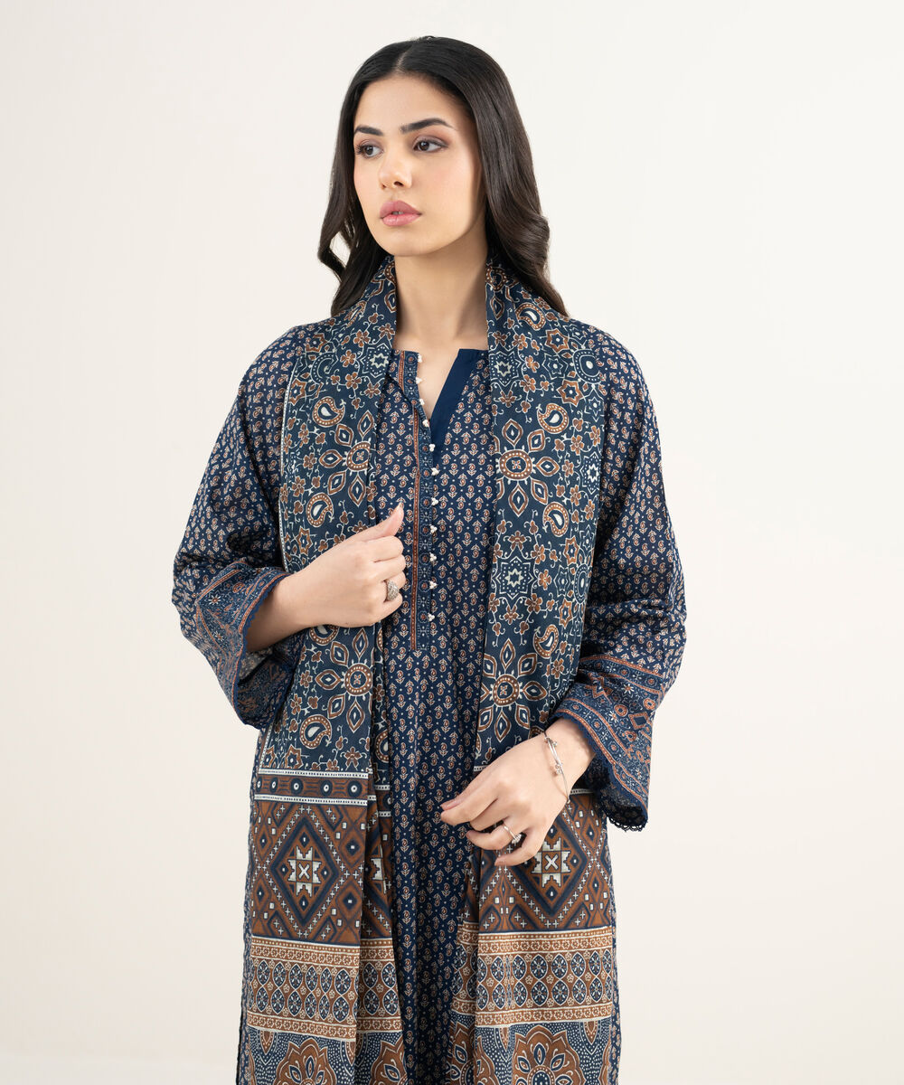 Women's RTW Lawn Printed Blue 3 Piece Suit