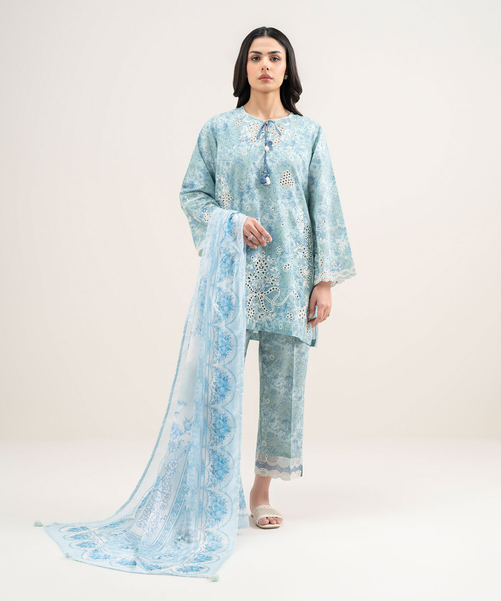Women's RTW Zari Cotton Embroidered Blue Straight Shirt