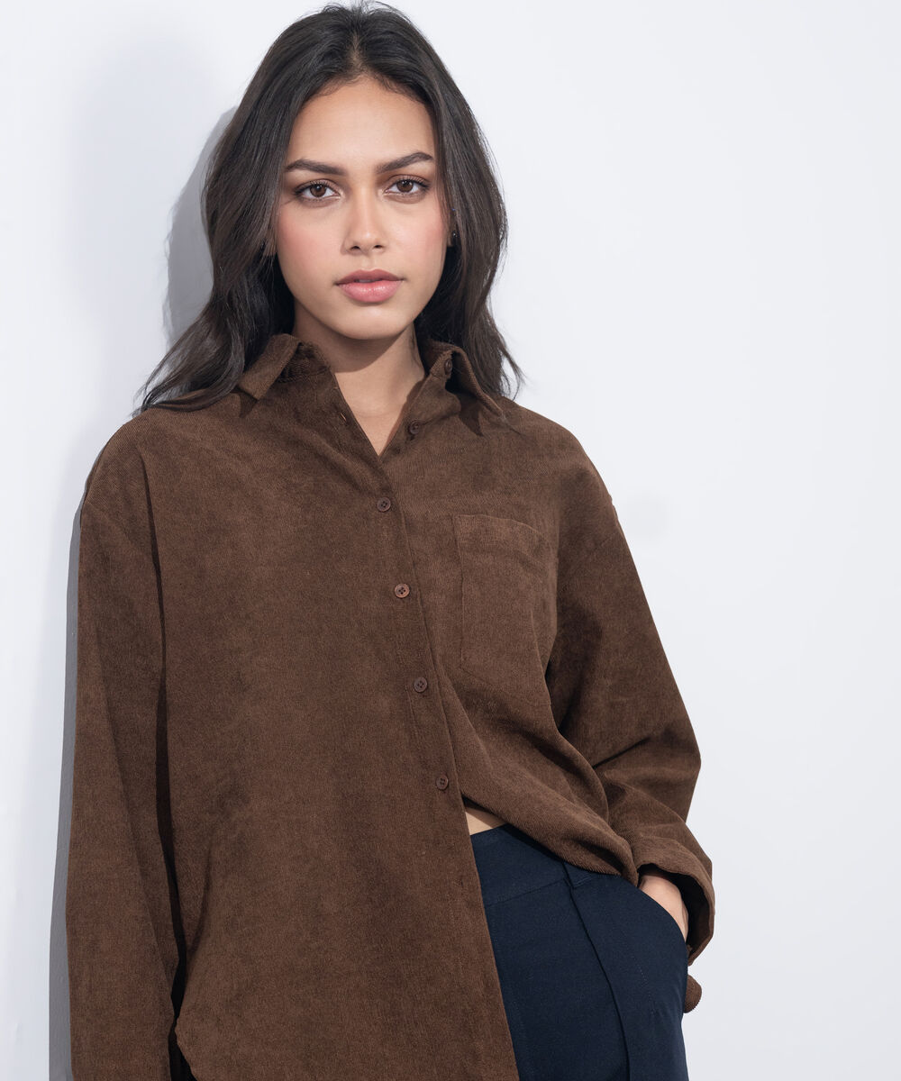 Women's Western Wear Brown Button Through Corduroy Shirt