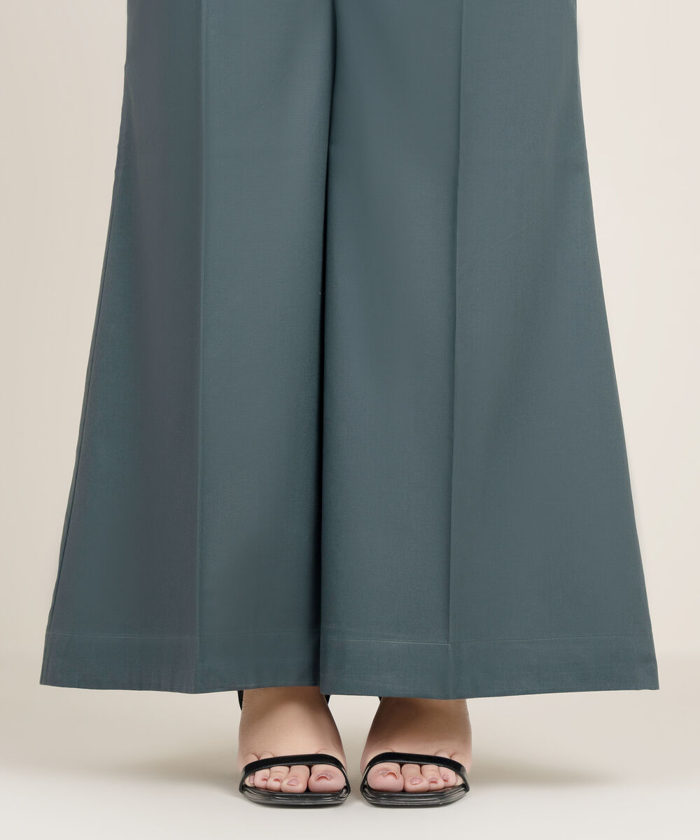 Women's RTW Cambric Solid Green Flared Pants