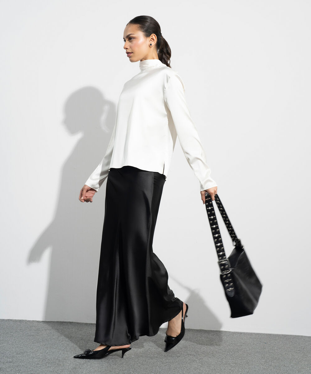 Women's Western Cream Satin Blouse With Back Tie Detail