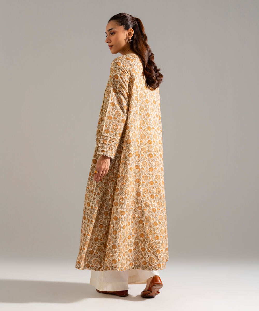 Women's RTW Slub Lawn Printed Beige A-Line Shirt
