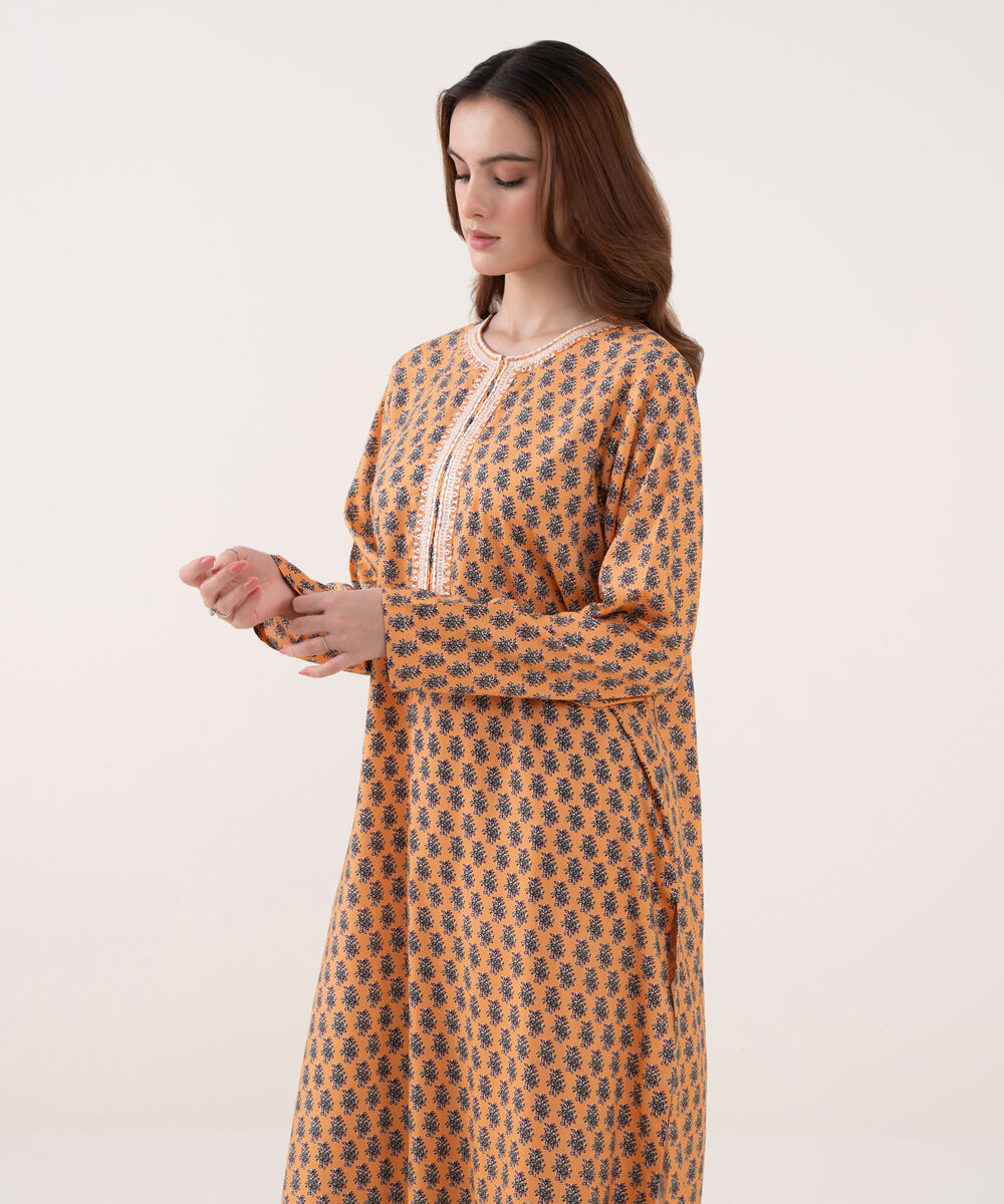 Women's RTW Arabic Lawn Embroidered Straight Orange Shirt