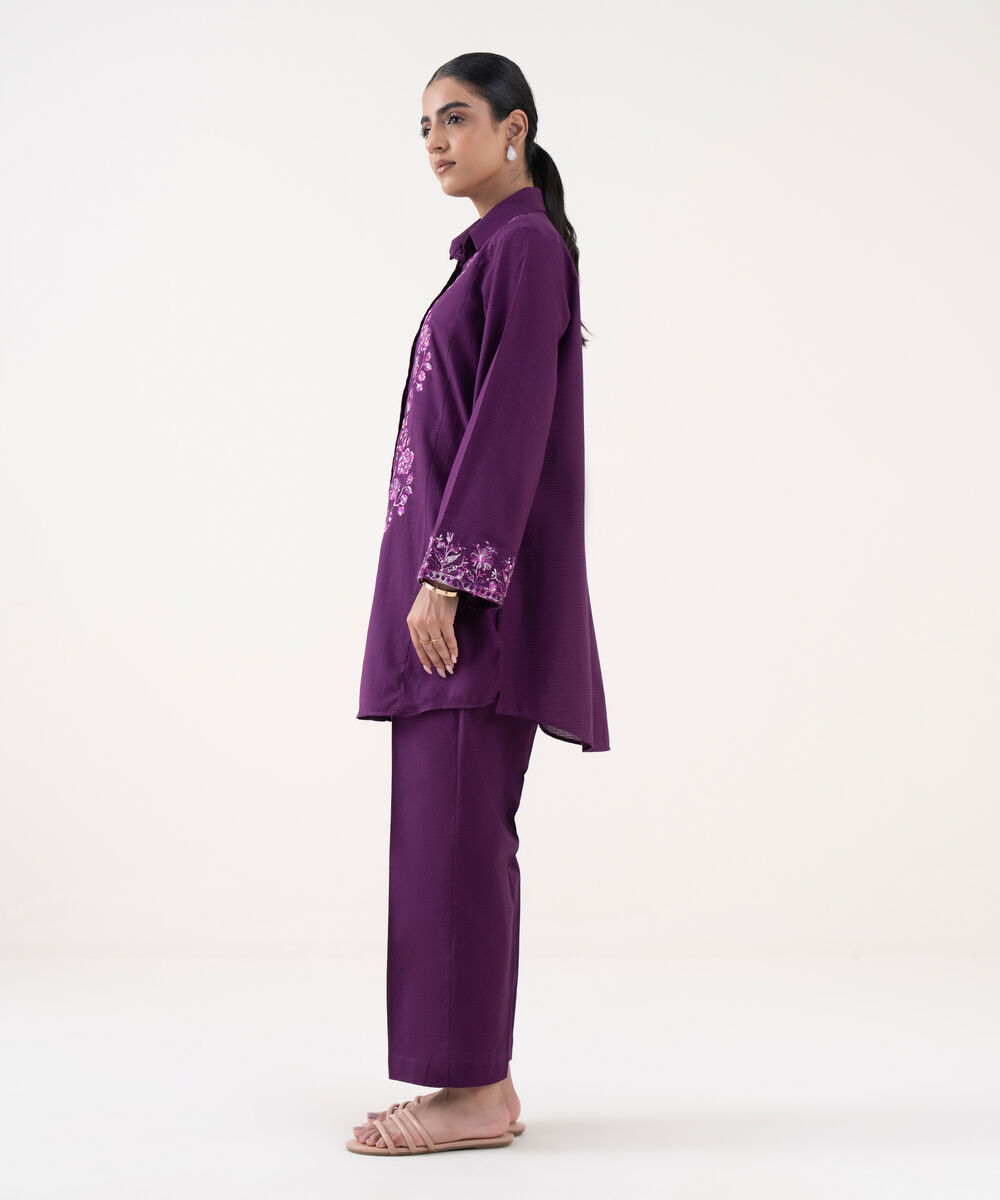 Women's RTW Textured Lawn Purple Embroidered Boxy Shirt