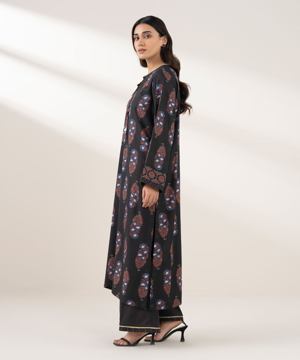 Women's RTW Viscose Linen Printed Straight Black Shirt
