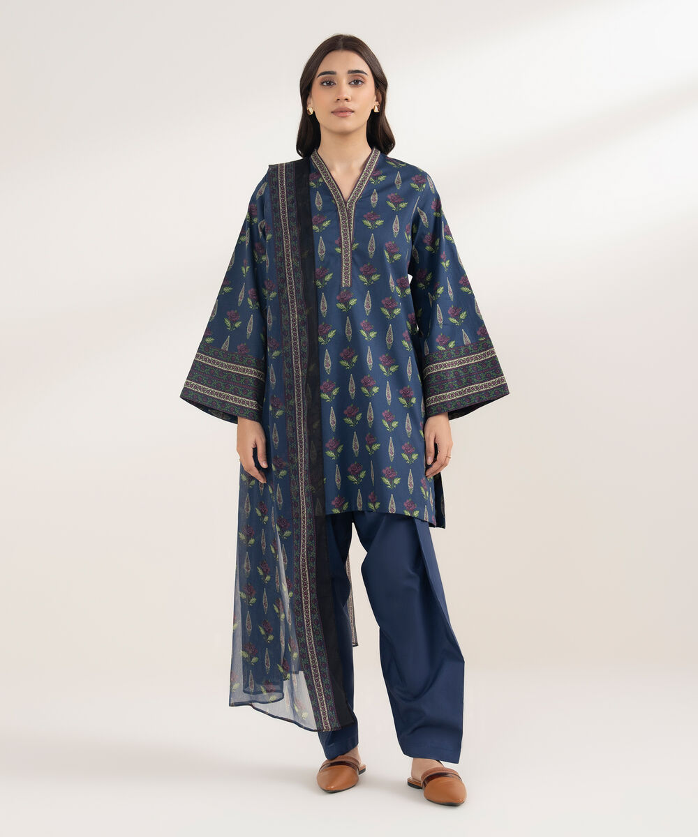 Women's Unstitched Lawn Printed Blue 3 Piece Suit
