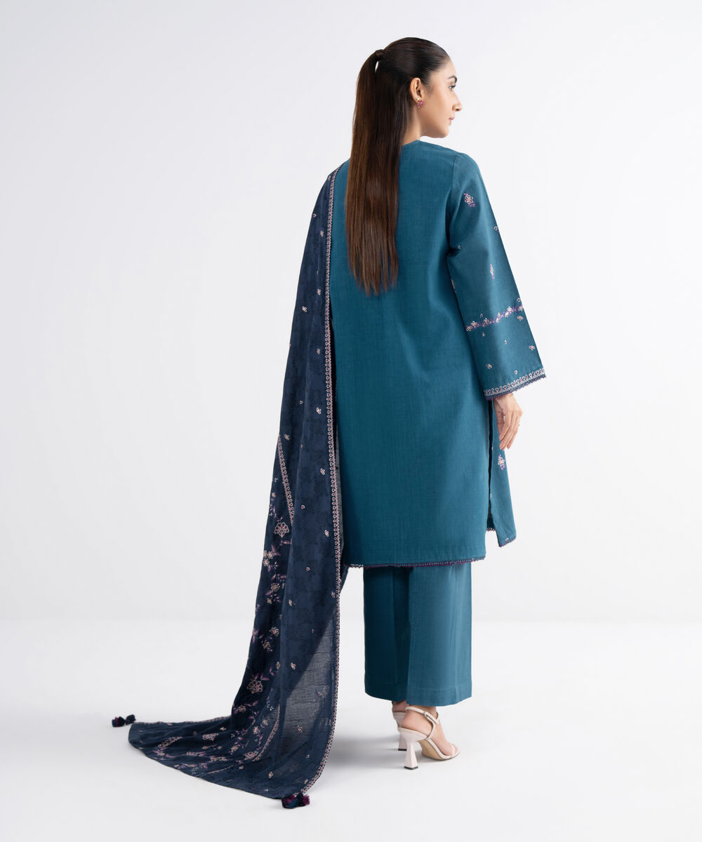 Women's Unstitched Cross Hatch Embroidered Blue 3 Piece Suit