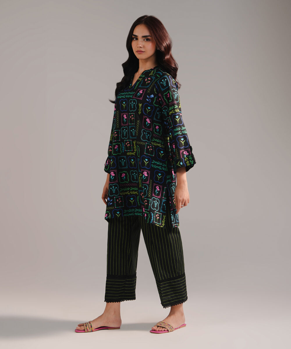 Women's RTW Crosshatch Printed Black Straight Shirt