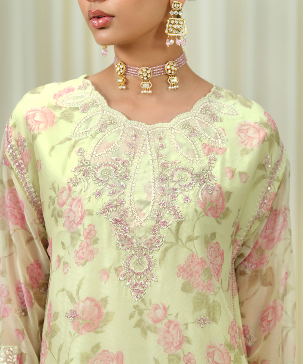 Women's Unstitched Blended Chiffon Embroidered Yellow 3 Piece Suit