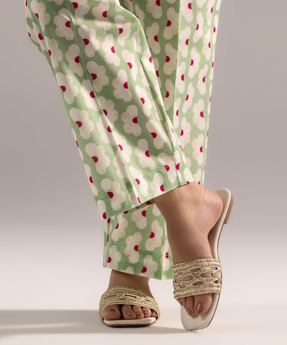 Women's RTW Cambric Printed Green Straight Pants