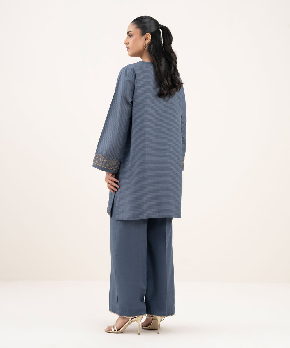Women's RTW Cotton Embroidered Straight Blue Shirt