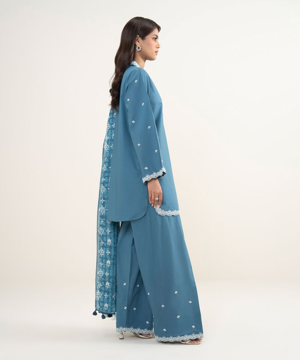 Women's Unstitched Cotton  Embroidered Bllue 3 Piece Suit