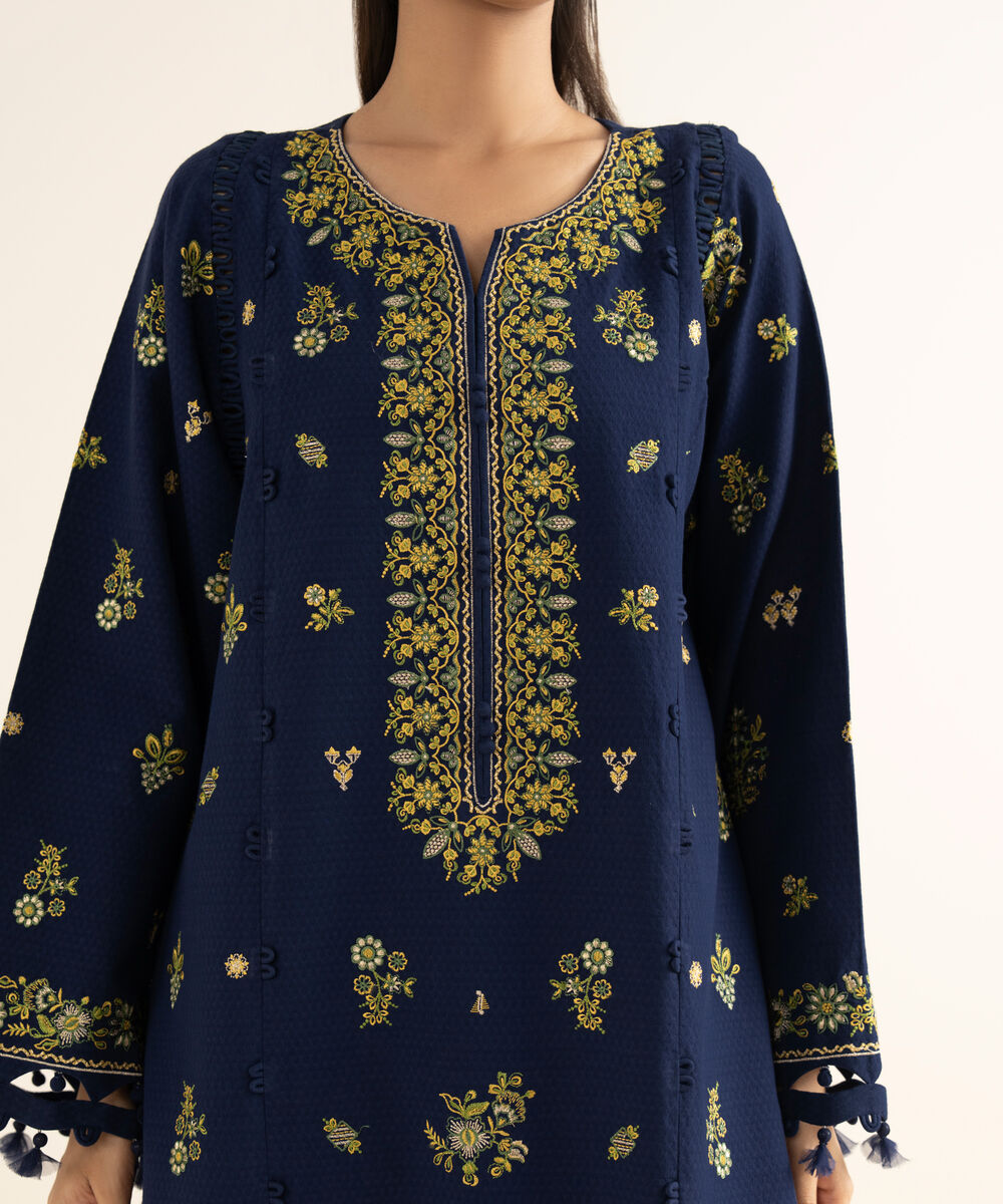 Women's Unstitched Dobby Embroidered Blue 3 Piece Suit