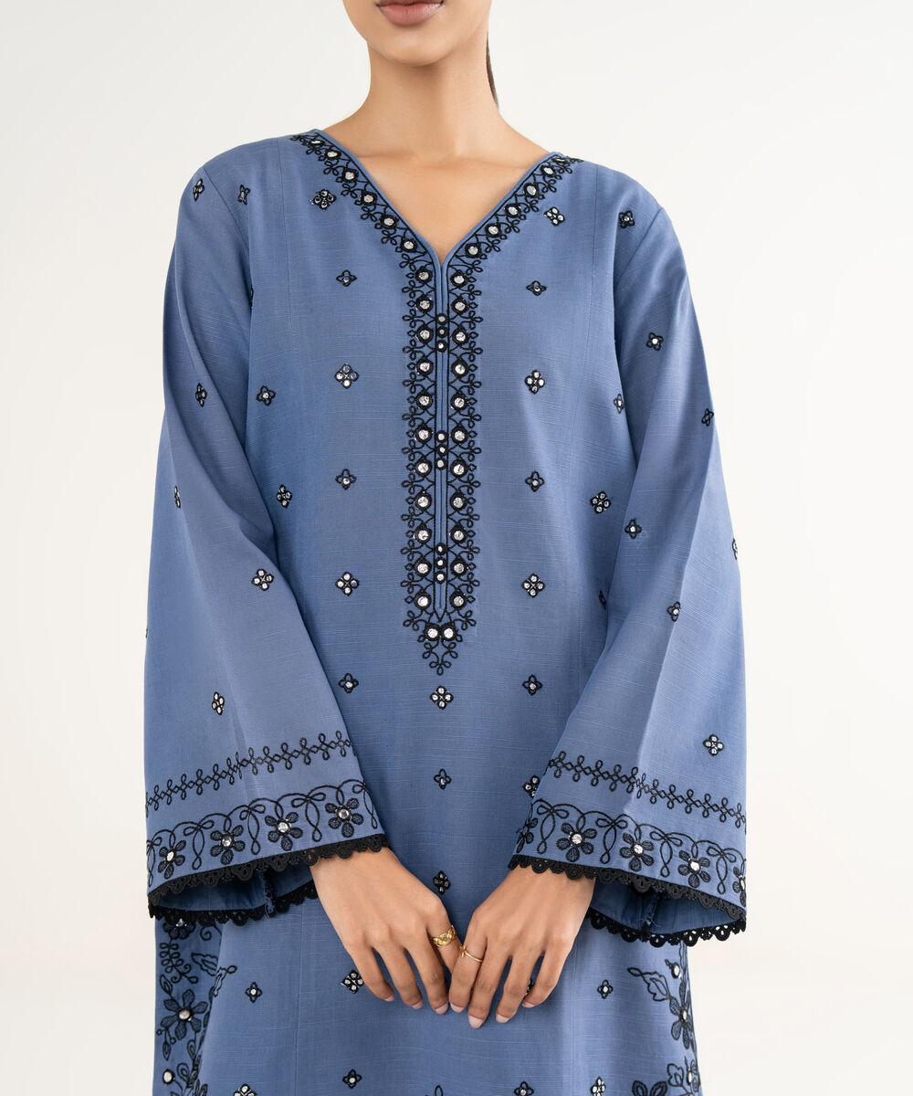 Women's Unstitched Cotton Embroidered Blue 3 Piece Suit