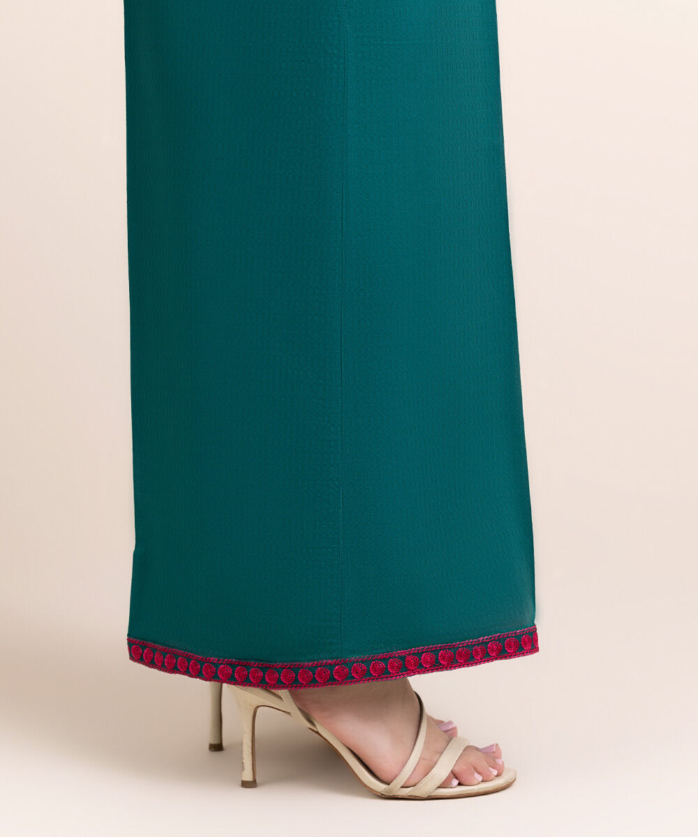 Woman - Green Embroidered Cotton Flared Pants