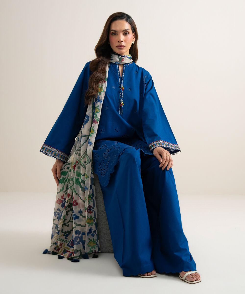 Women's Unstitched Lawn Embroidered Blue  3 Piece Suit