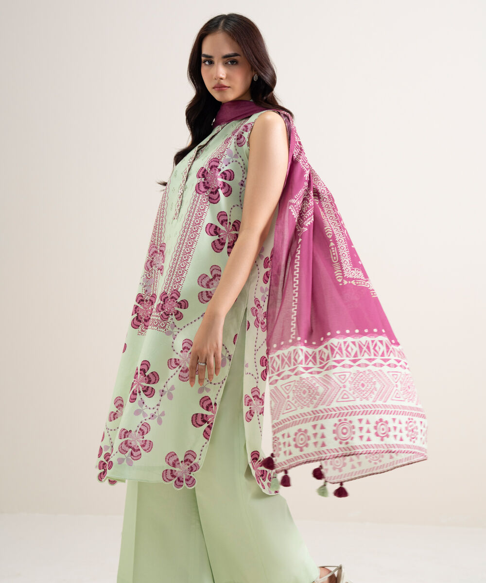 Women's Unstitched Cotton Printed Light Green  3 Piece Suit