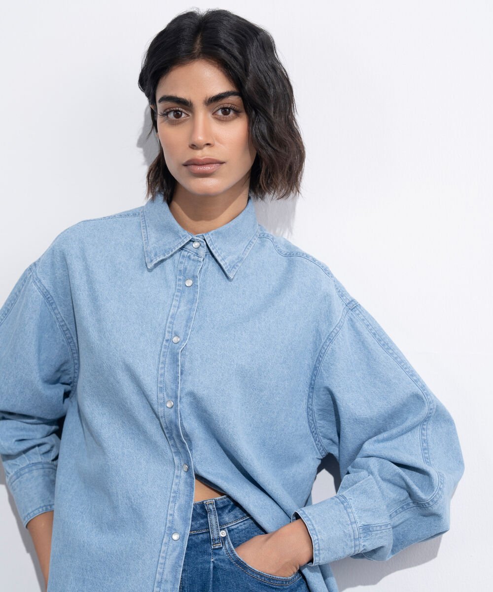 Women's Western Wear Blue Button Through Denim Shirt