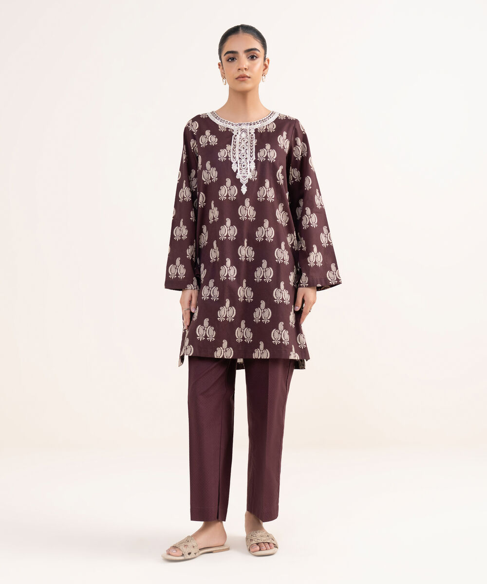 Women's RTW Textured Lawn Coral Embroidered A-Line Shirt