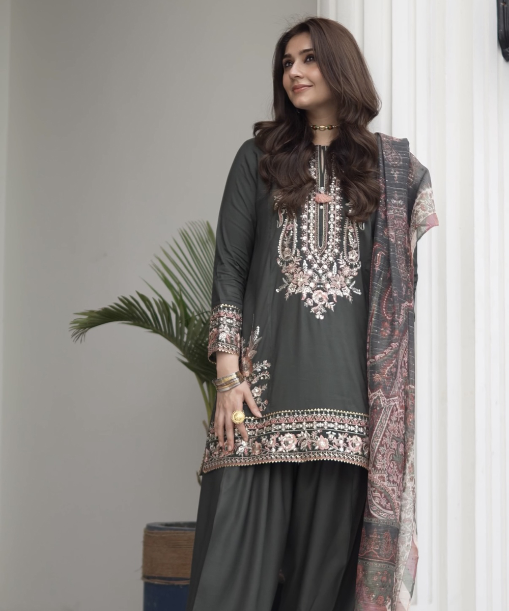 Women's RTW Viscose Raw Silk Embroidered Dark Green 3 Piece Suit