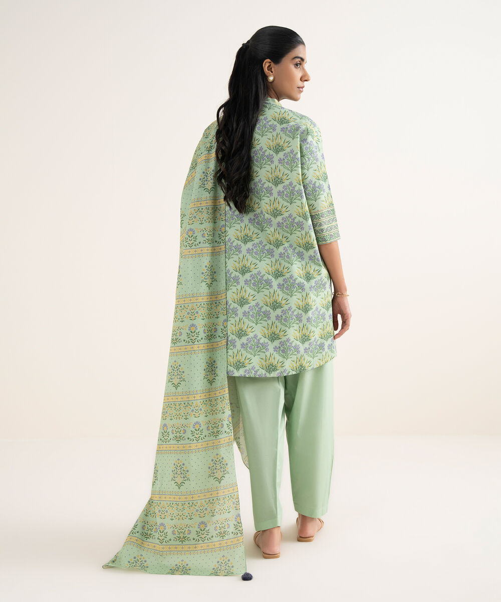 Women's Unstitched Cotton Printed Green 3 Piece Suit