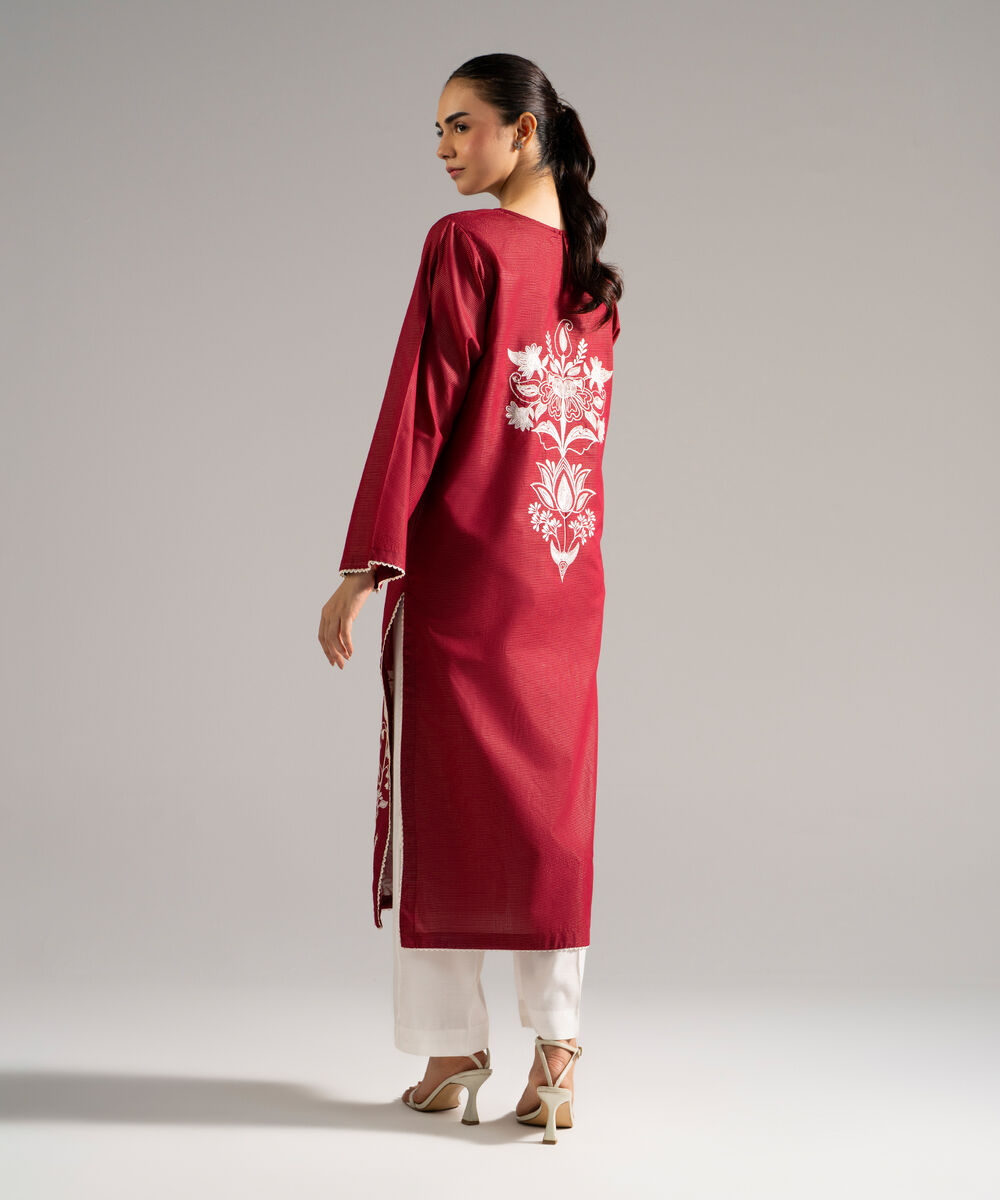 Women's RTW Zari Lawn Embroidered Red Straight Shirt