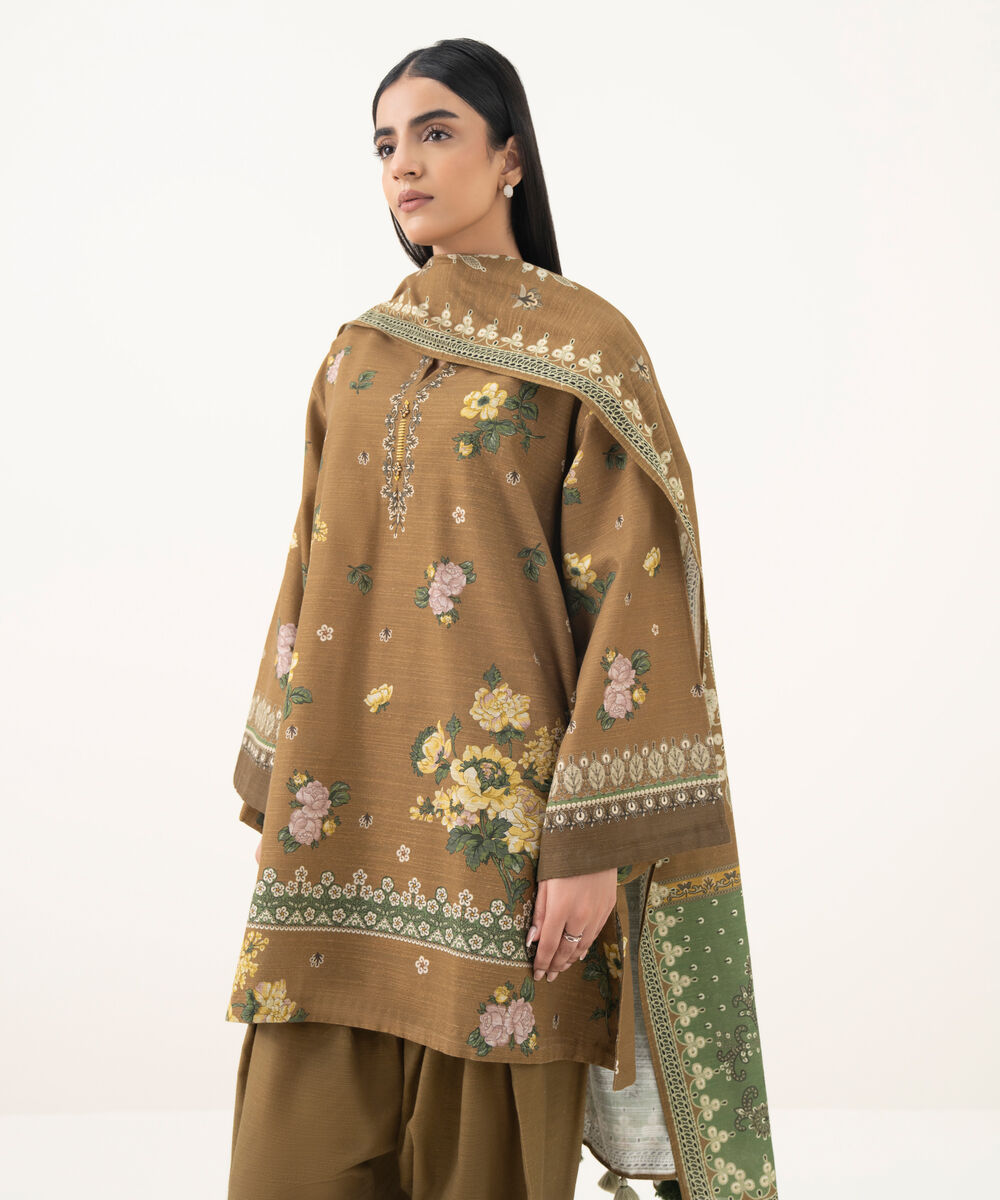 Women's Unstitched Light Khaddar Embroidered Brown 3 Piece Suit