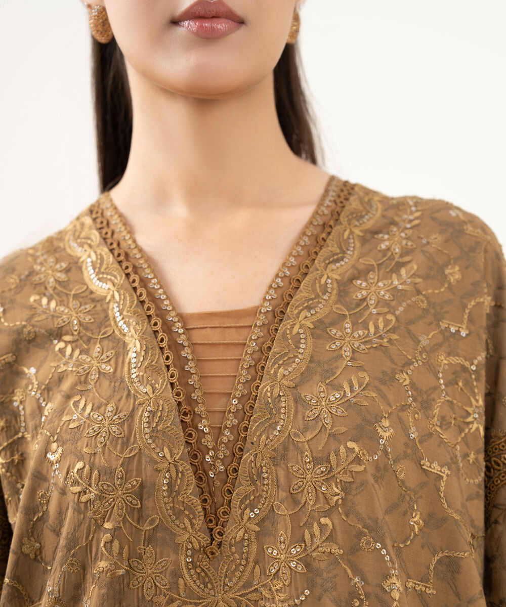 Women's Unstitched Linen Jacquard Embroidered Brown 3 Piece Suit