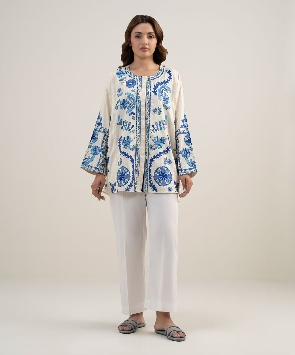 Women's RTW Dobby Embroidered Off White Drop Shoulder Shirt