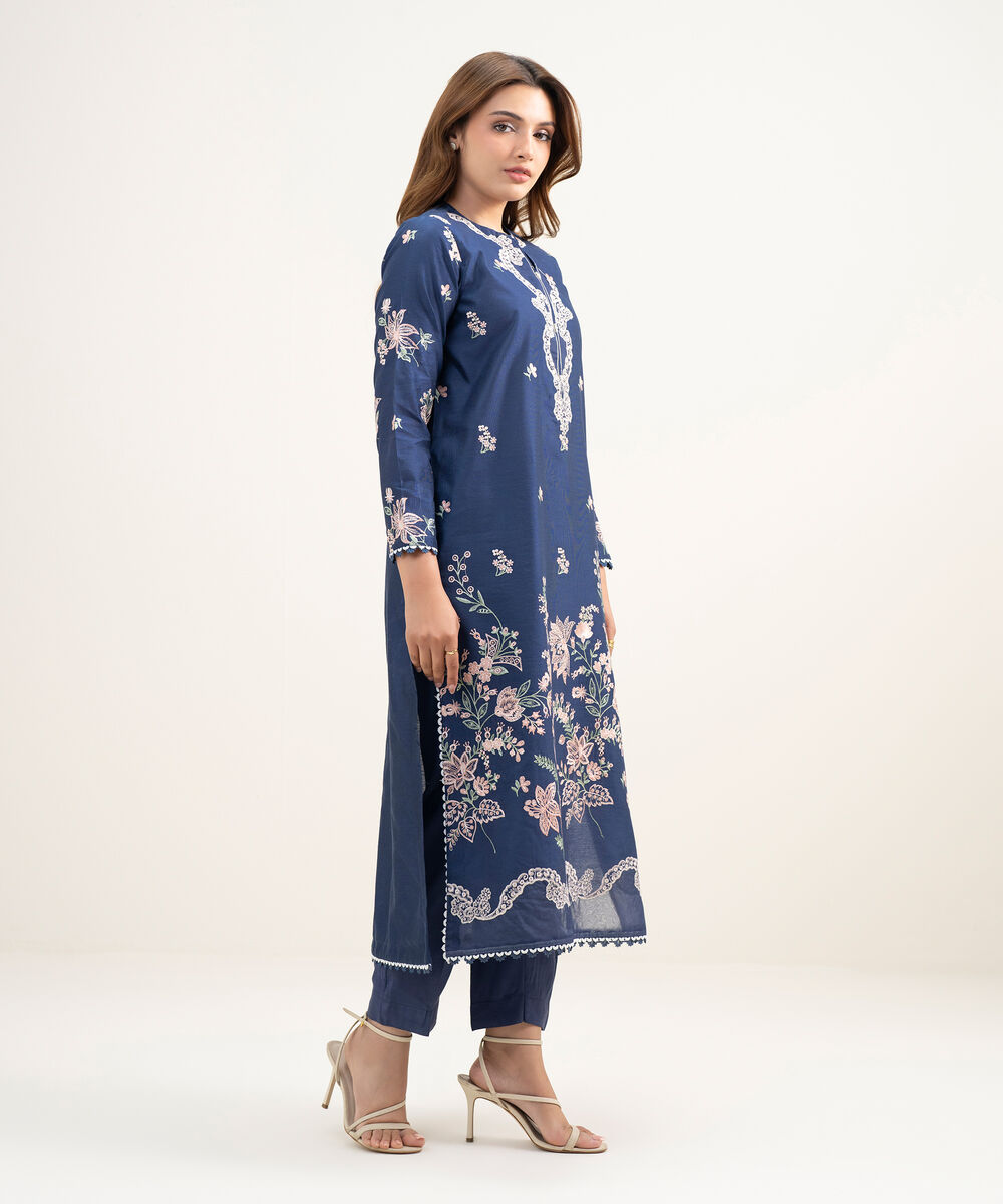 Women's RTW Silk Cotton Net Embroidered Dark Blue 2 Piece Suit