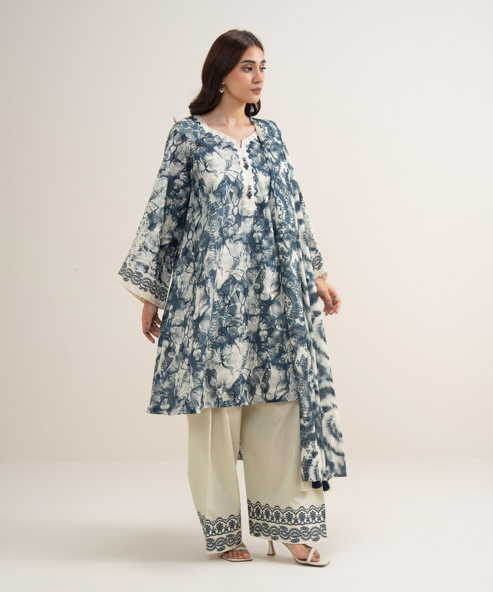 Women's Unstitched Lawn Embroidered Black and Off White 3 Piece Suit