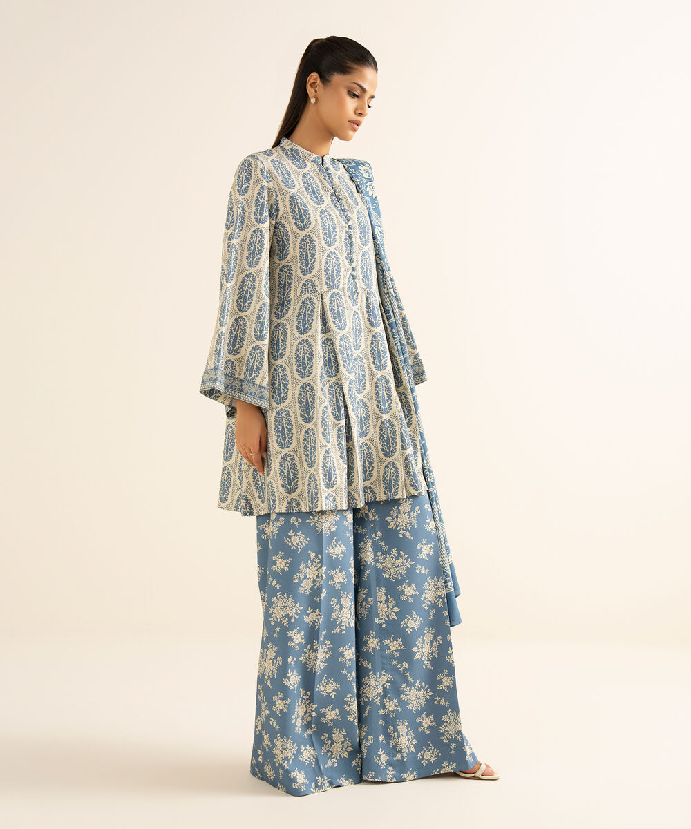 Women's Unstitched Linen Printed Blue 3 Piece Suit