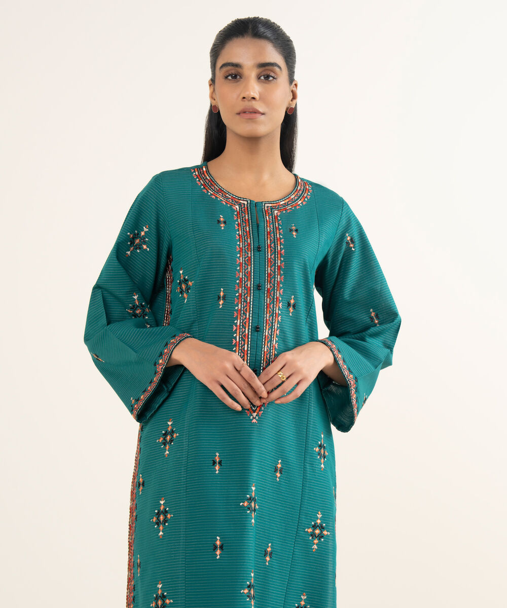 Women's RTW Light Khaddar Embroidered Teal Straight Shirt