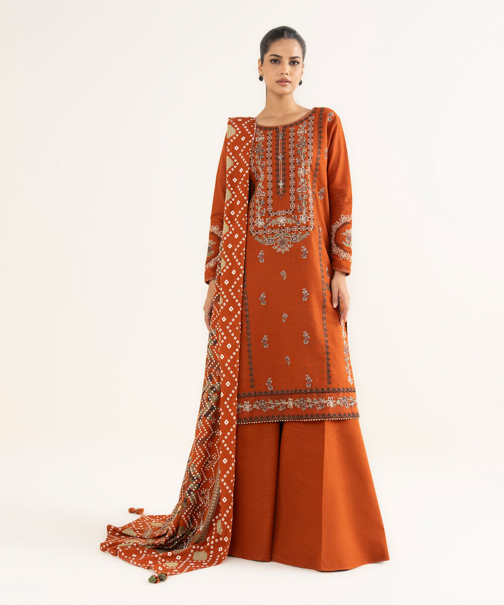 Women's Unstitched Textured Cotton Embroidered Orange 3 Piece Suit