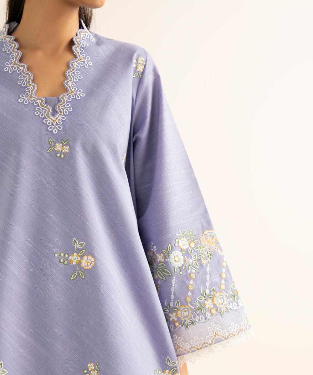 Women's Unstitched Cotton Embroidered Blue 3 Piece Suit