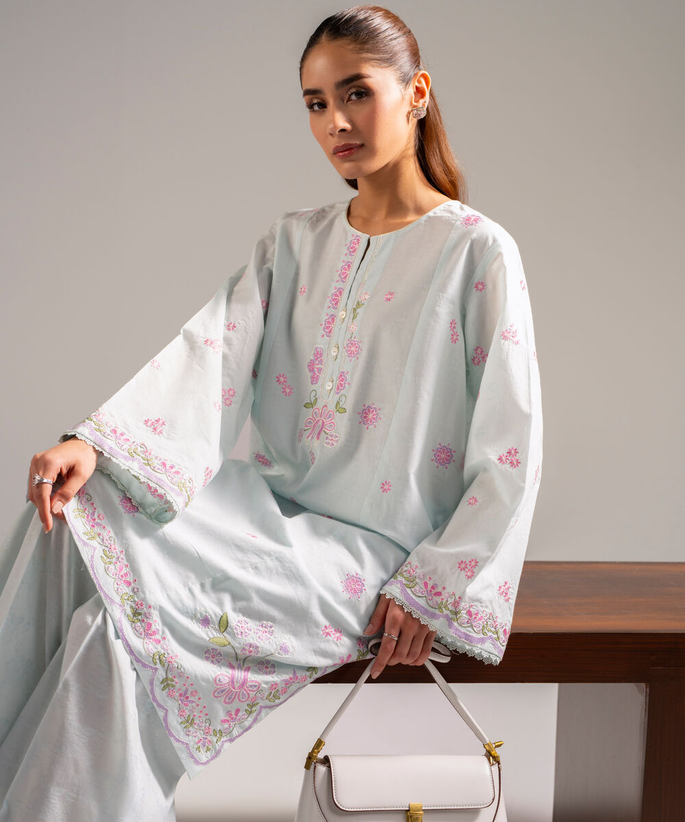 Women's RTW Self Jacquard Embroidered Light Blue 2 Piece Suit