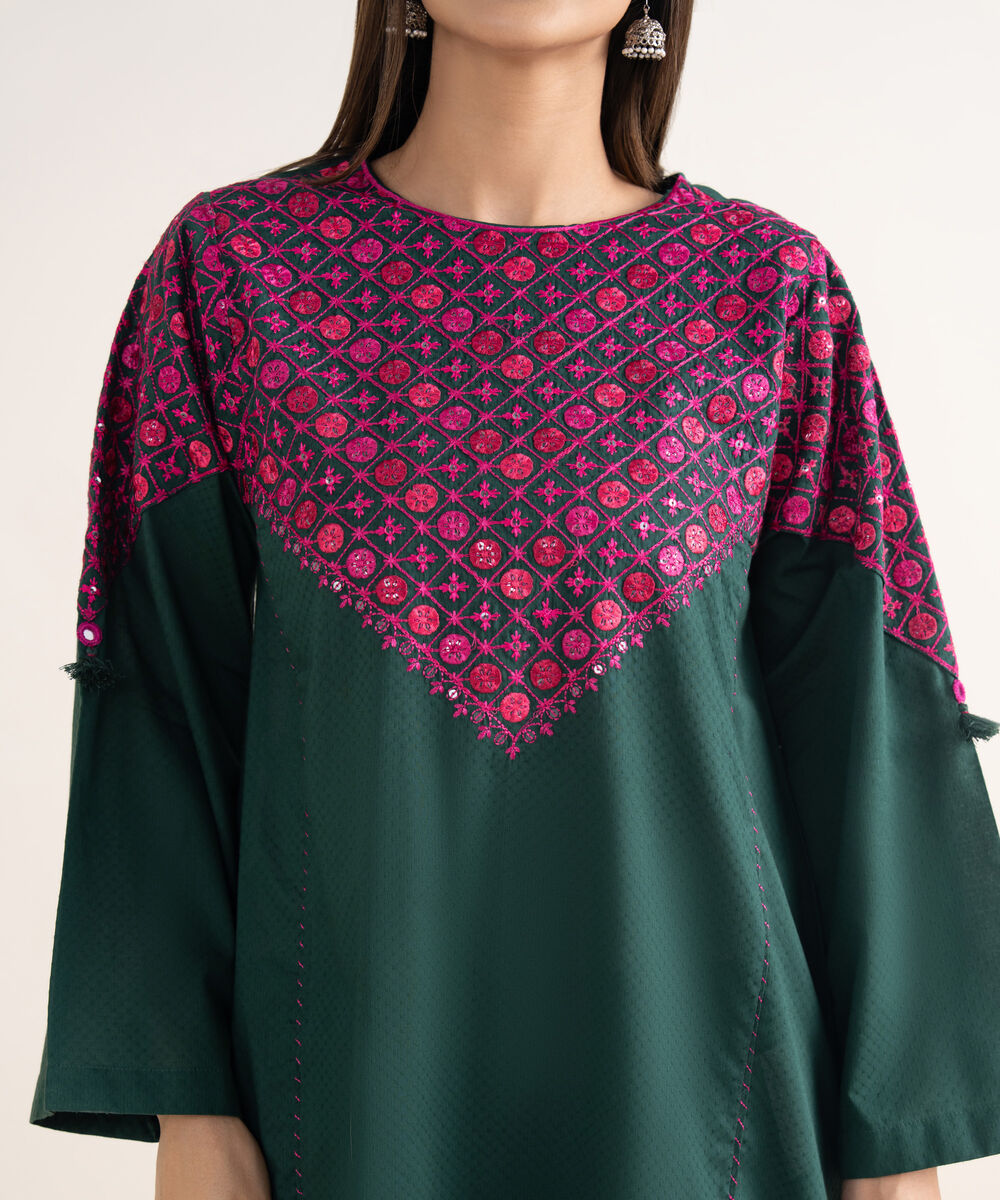 Women's RTW Textured Cotton Green Embroidered A-Line Shirt