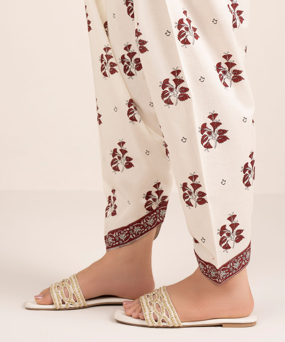 Women's RTW Cambric Printed Off White Skinny Shalwar