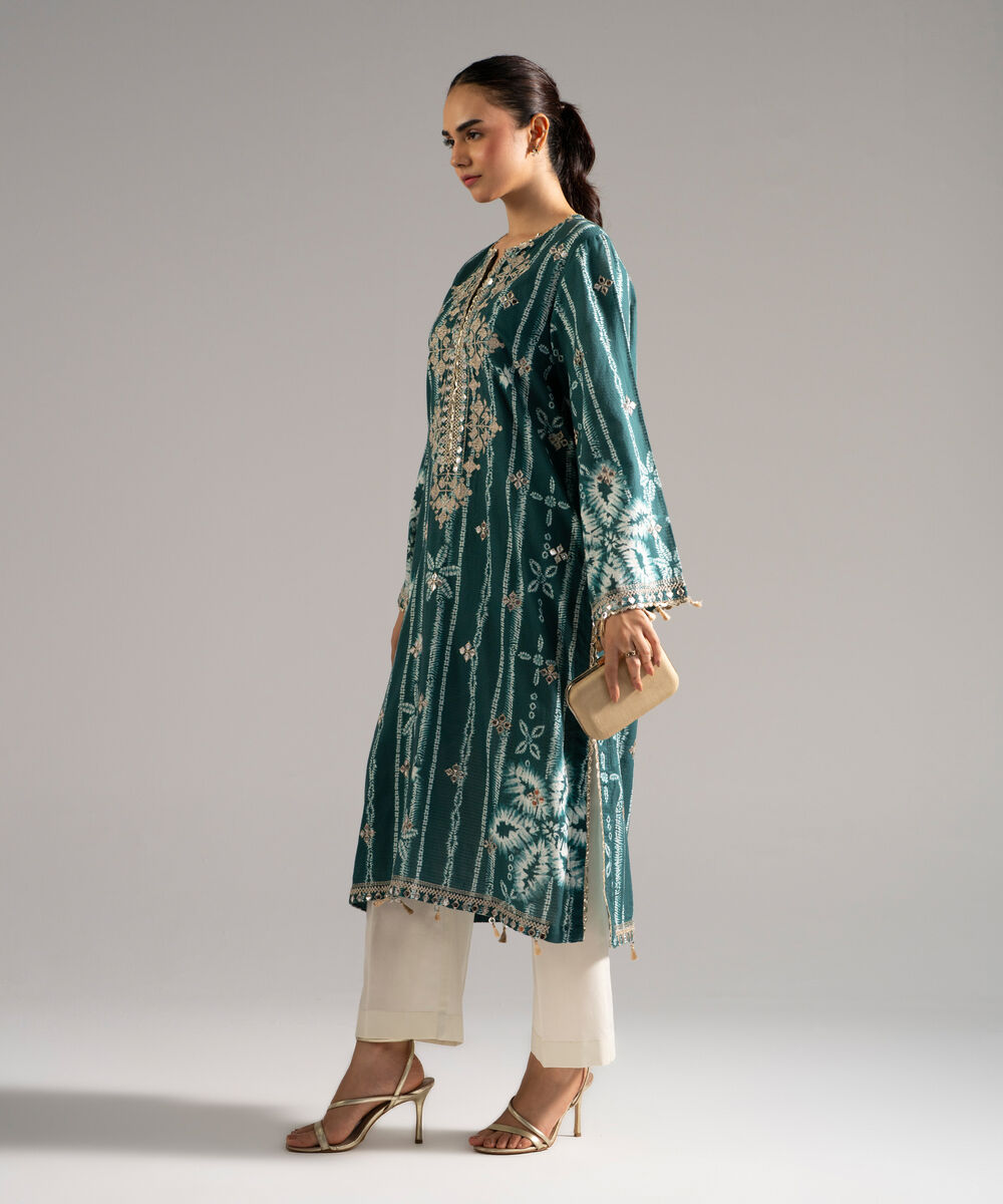 Women's RTW Dobby Embroidered Green Straight Shirt