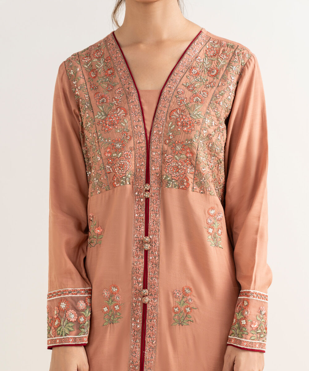 Women's RTW Viscose Raw Silk Pink Embroidered Peshwas