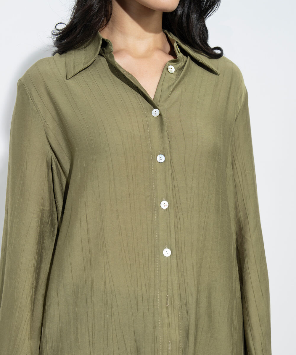 Women's Western Mustard Textured Button Through Dress