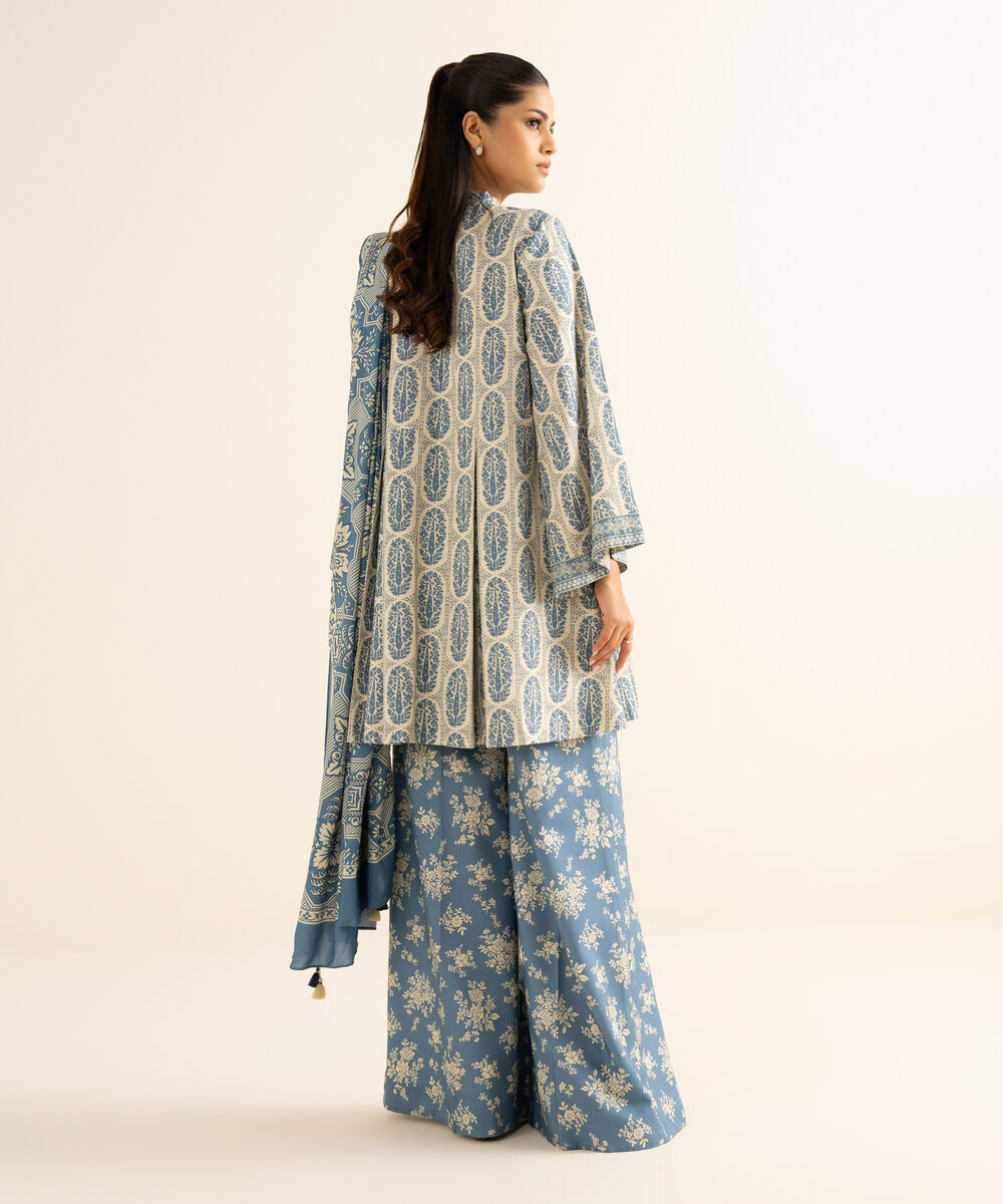 Women's Unstitched Linen Printed Blue 3 Piece Suit