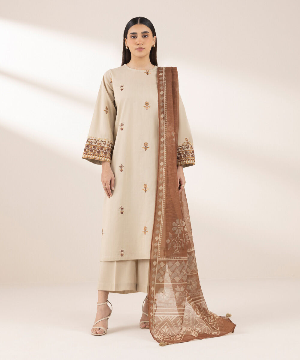 Women's RTW Cross Hatch Beige Embroidered A-Line Shirt
