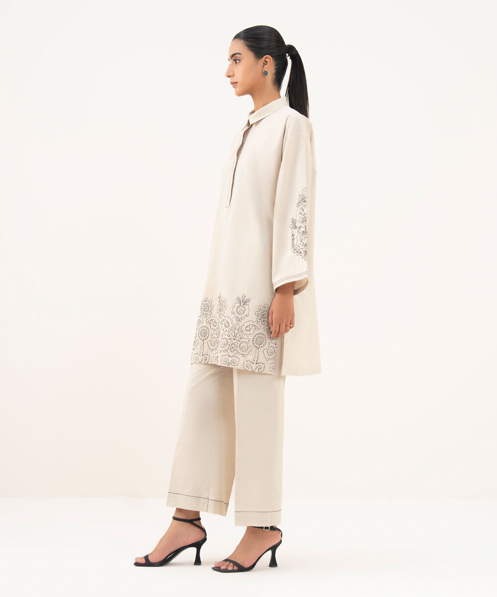 Women's RTW Textured Cotton Beige Embroidered Drop Shoulder Shirt