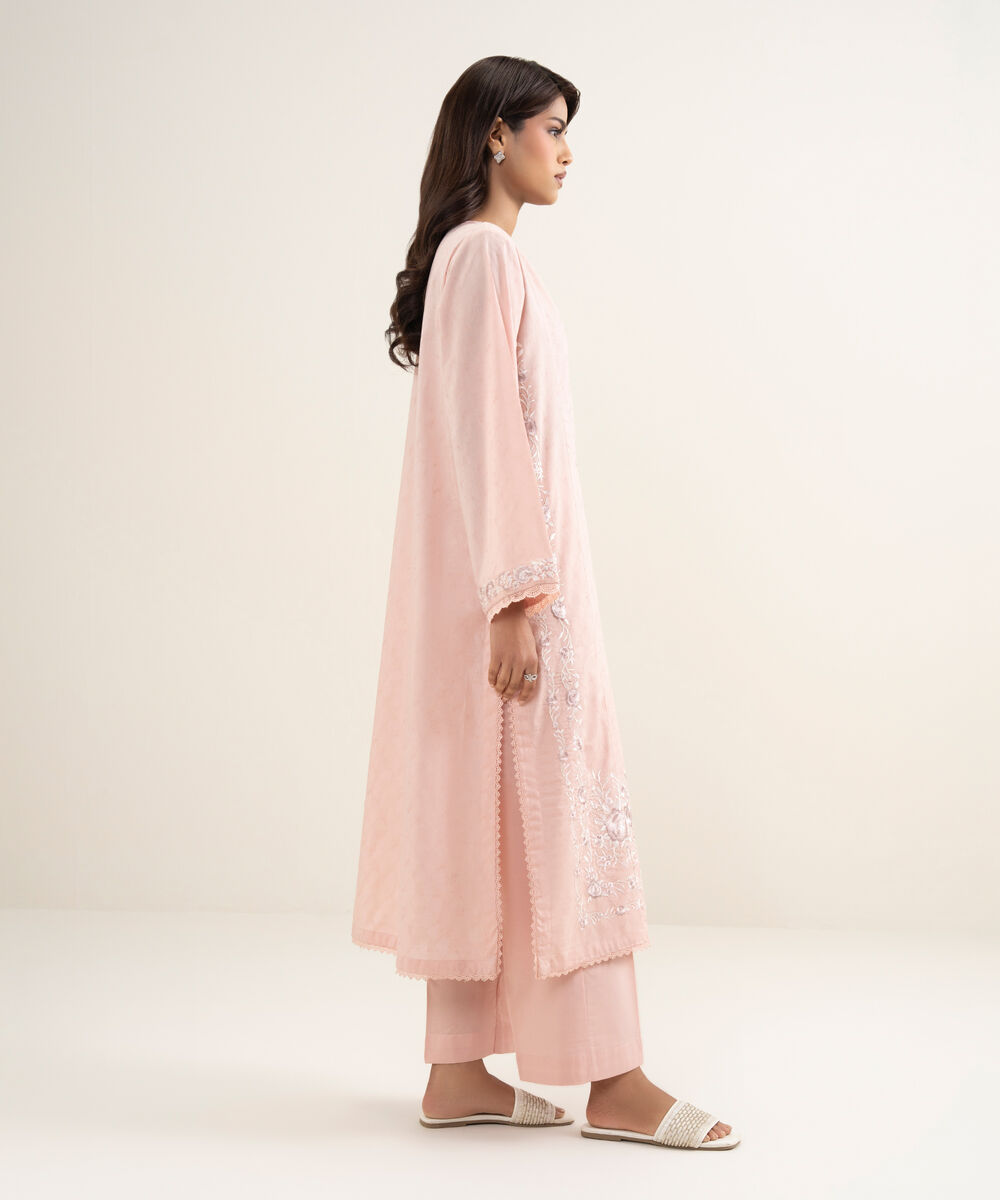 Women's RTW Self Jacquard Embroidered Pink A-Line Shirt