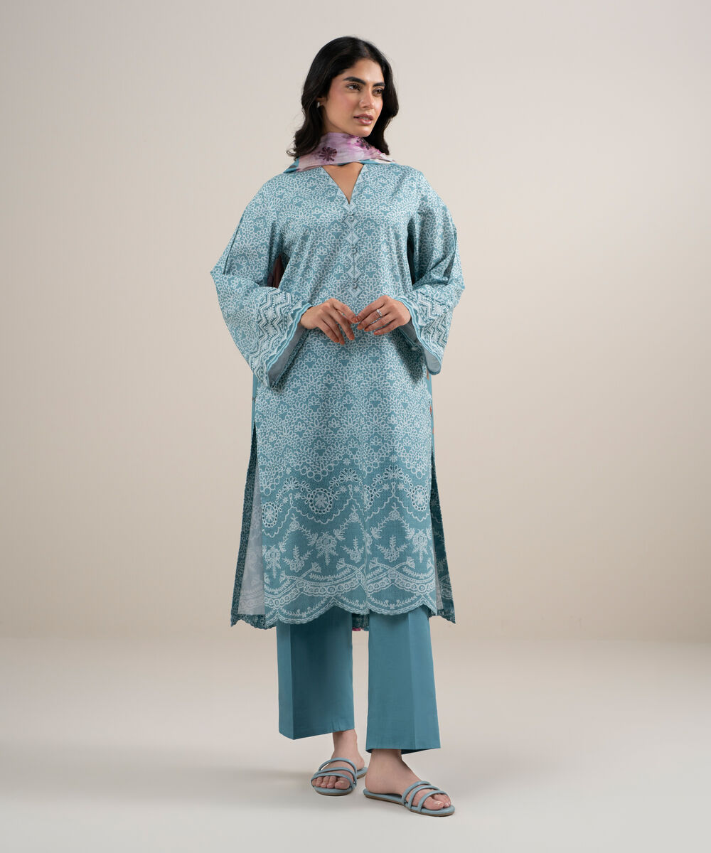 Women's Unstitched Lawn Printed Ice Blue 3 Piece Suit