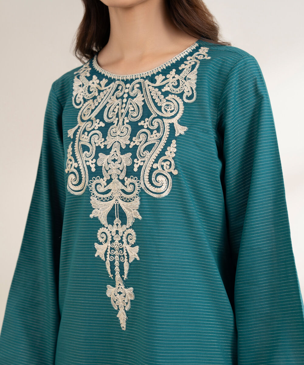 Women's RTW Zari Cotton Embroidered Straight Blue Shirt